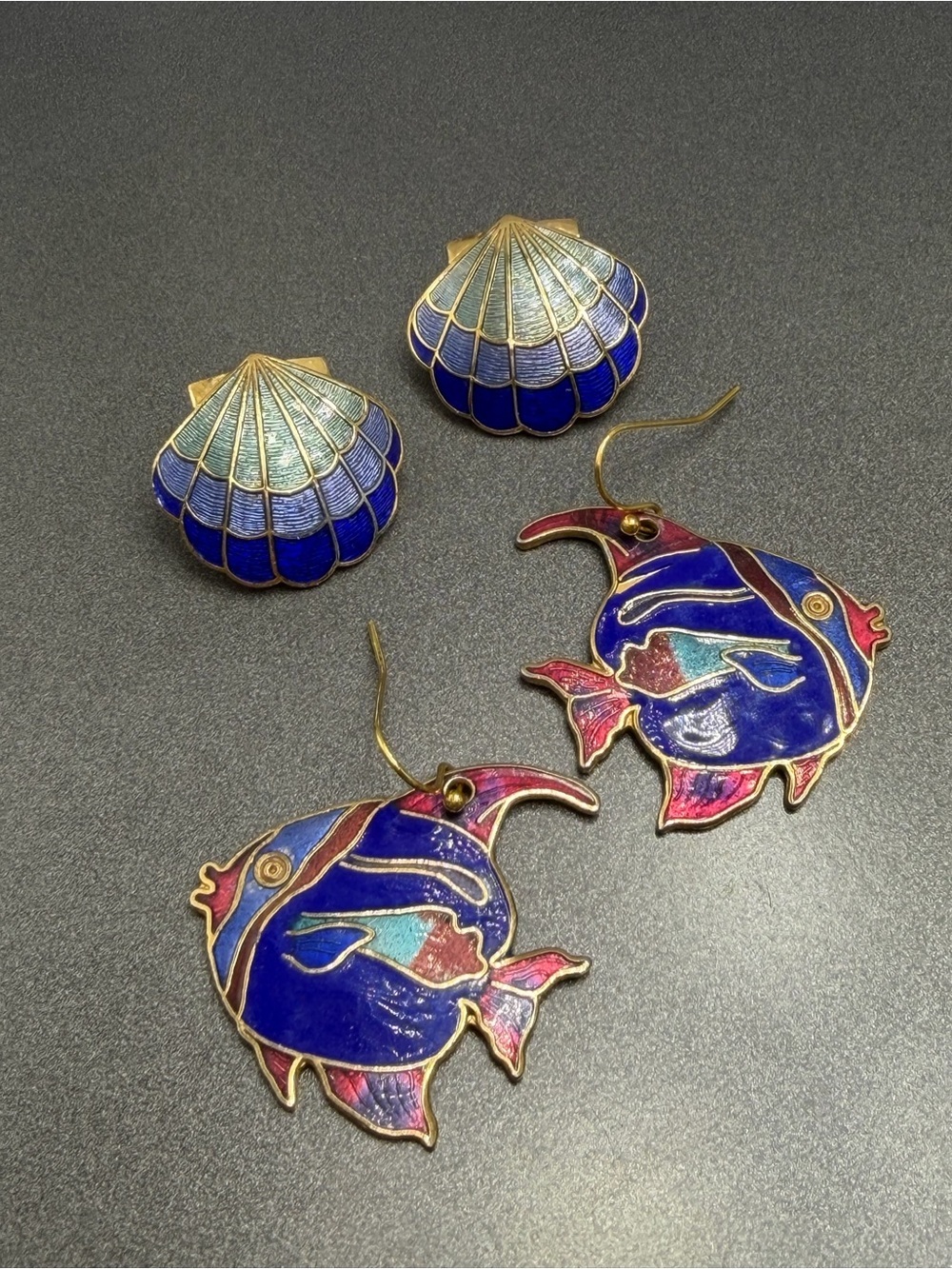 Vintage Cloisonné  Blue Enamel Ocean  Earrings - Colorful Tropical  #327CE